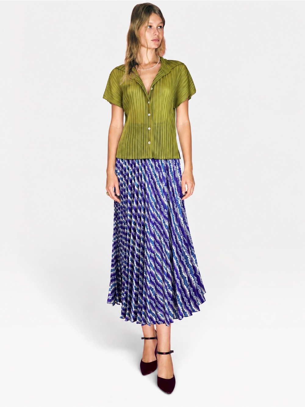 Sandro Paris Perona Pleated Midi Skirt Blue Purple Stripe Floral NWT 40/8
